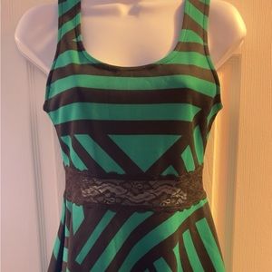 Sleeveless, green & black with lace dress.